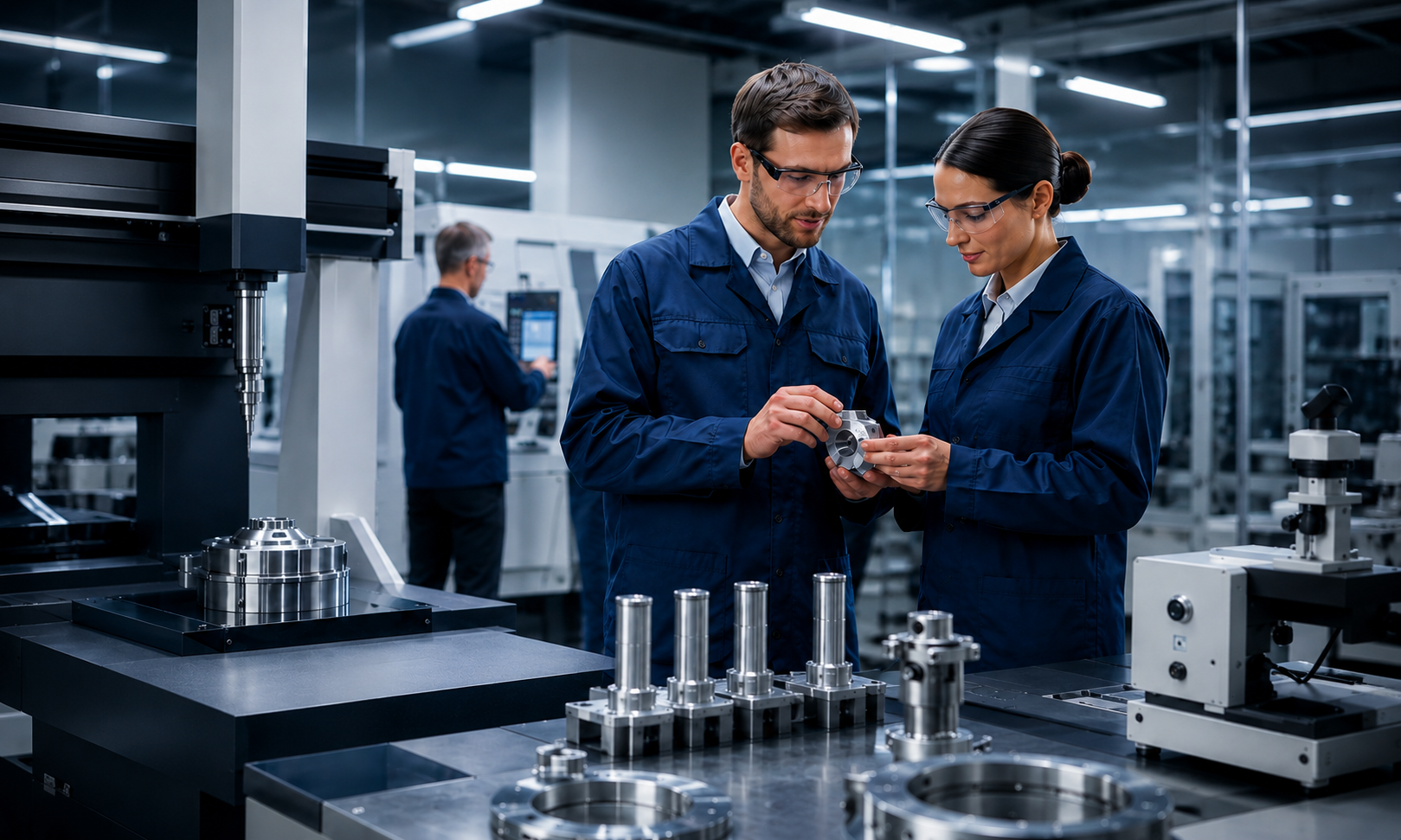 Engineers inspecting precision components in an advanced manufacturing facility