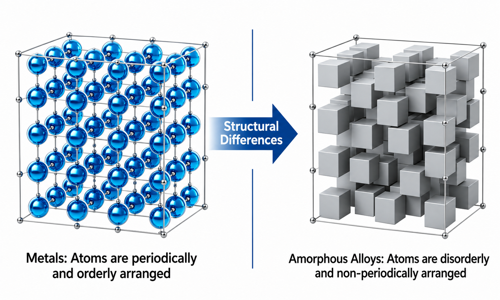 Atomic structure comparison between conventional metals and amorphous alloys