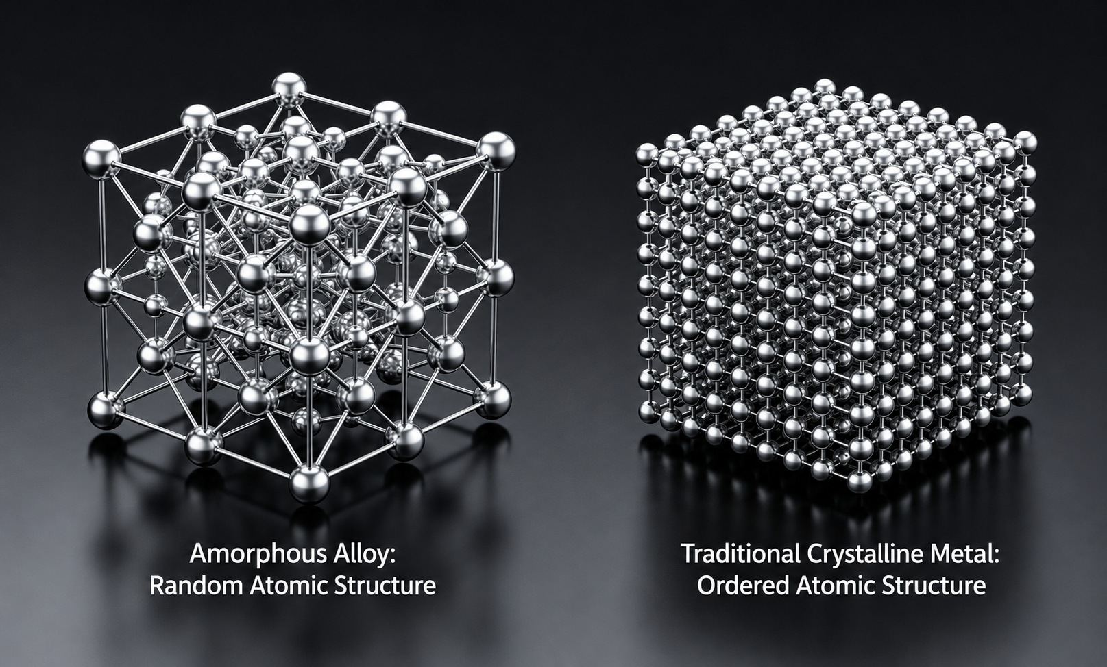 Comparison of random atomic structure in amorphous alloys and ordered atomic structure in traditional crystalline metals