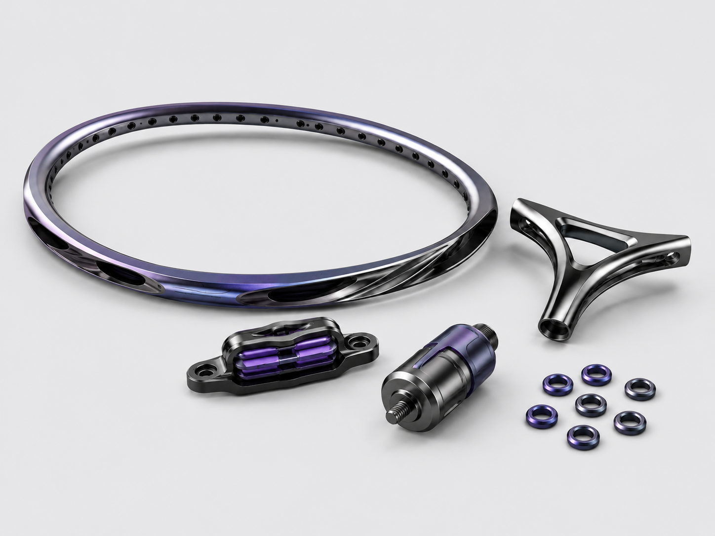 Advanced archery bow components made with amorphous alloy materials, including eccentric wheels, mounts and precision mechanical parts