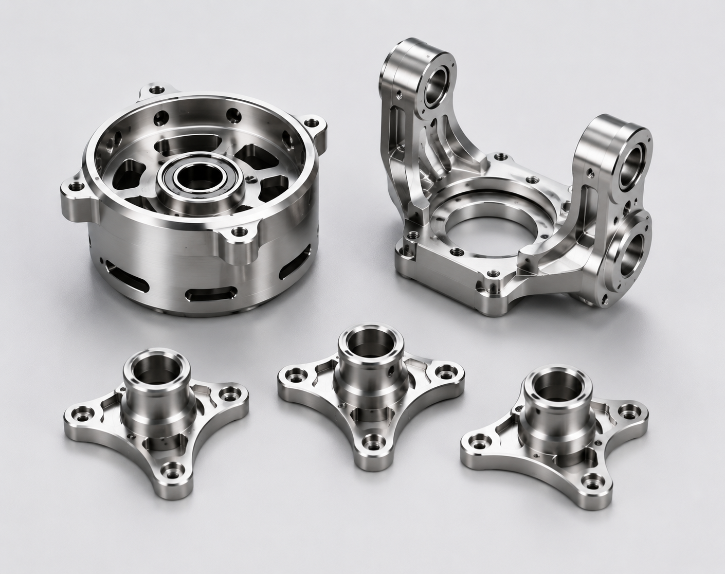 Precision machined amorphous alloy drone components including motor housings, gimbal brackets and propeller mounts