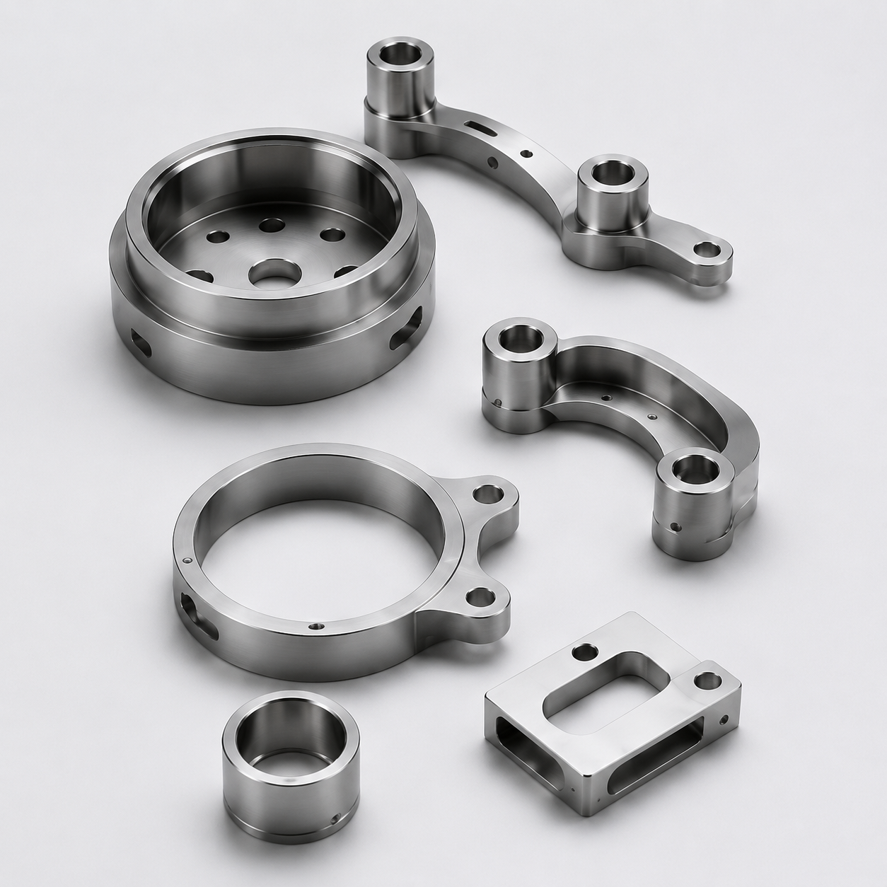 Precision machined amorphous alloy drone and handheld stabilizer components including motor housings and gimbal brackets