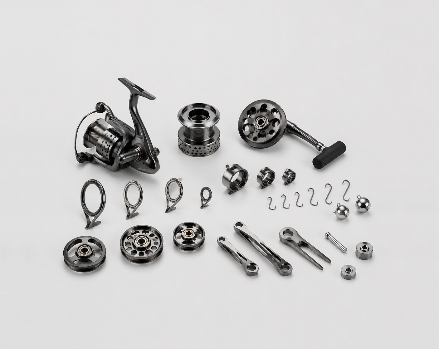High-performance fishing and water sports components including fishing reel gears, line guide rings, marine pulleys and paddle parts made with amorphous alloy materials
