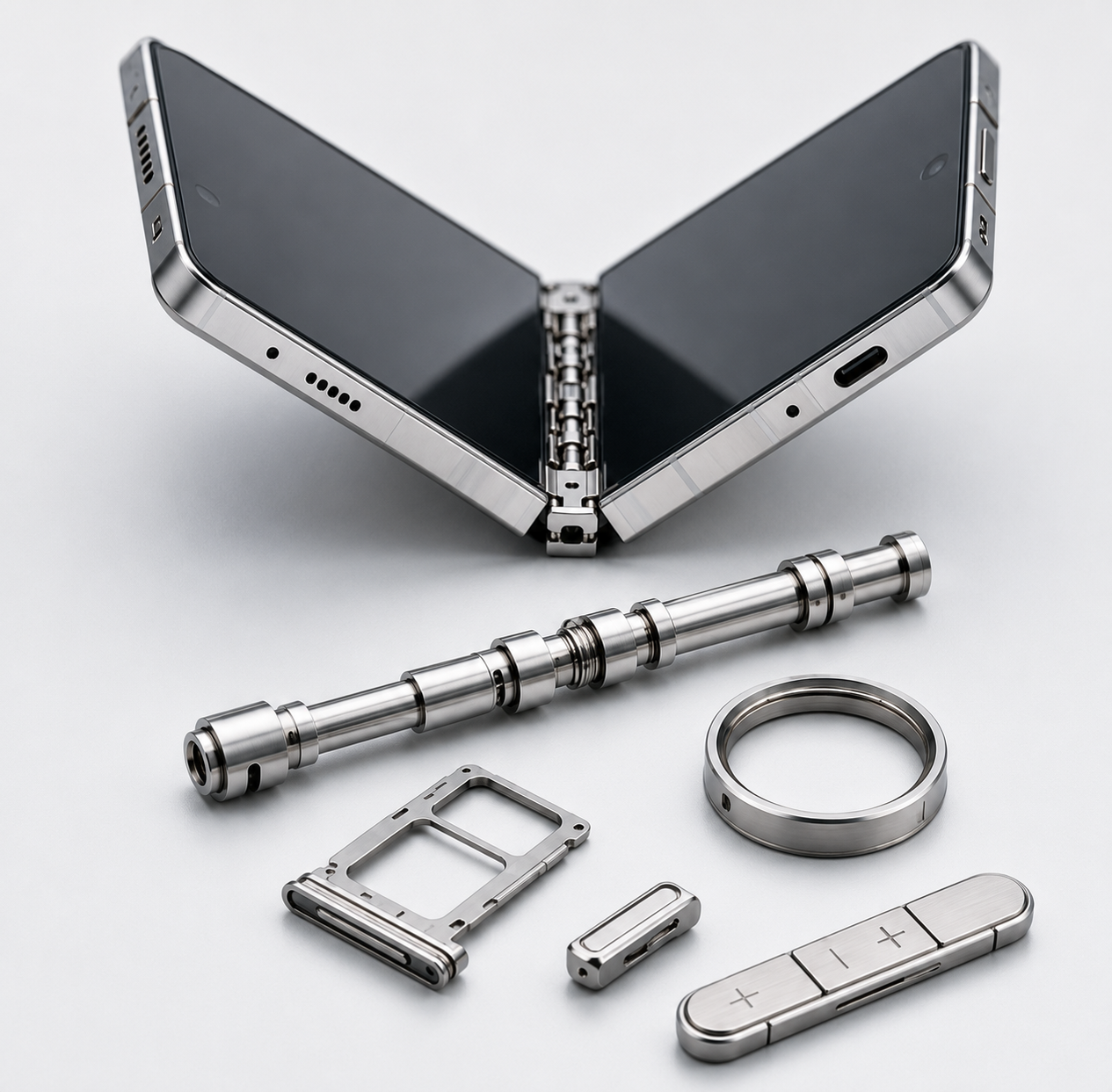 Foldable smartphone hinge shaft and precision structural components manufactured with advanced amorphous alloy materials