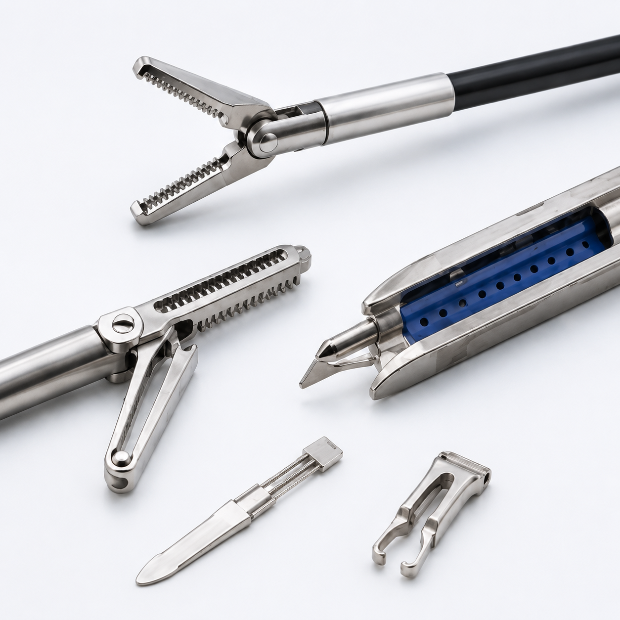 Precision minimally invasive surgical instrument components including laparoscopic forceps heads and medical device parts made with advanced amorphous alloy materials
