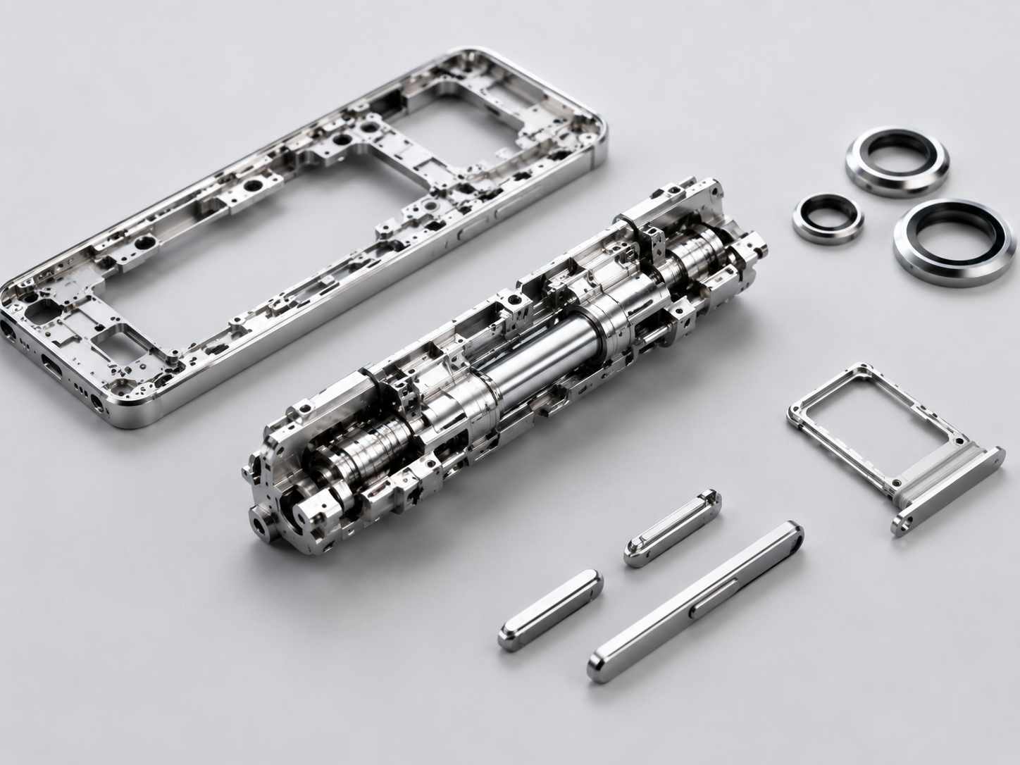 Precision smartphone structural components including a mid-frame, camera decorative rings, SIM card tray, side buttons, and a foldable hinge core component made with advanced amorphous alloy materials