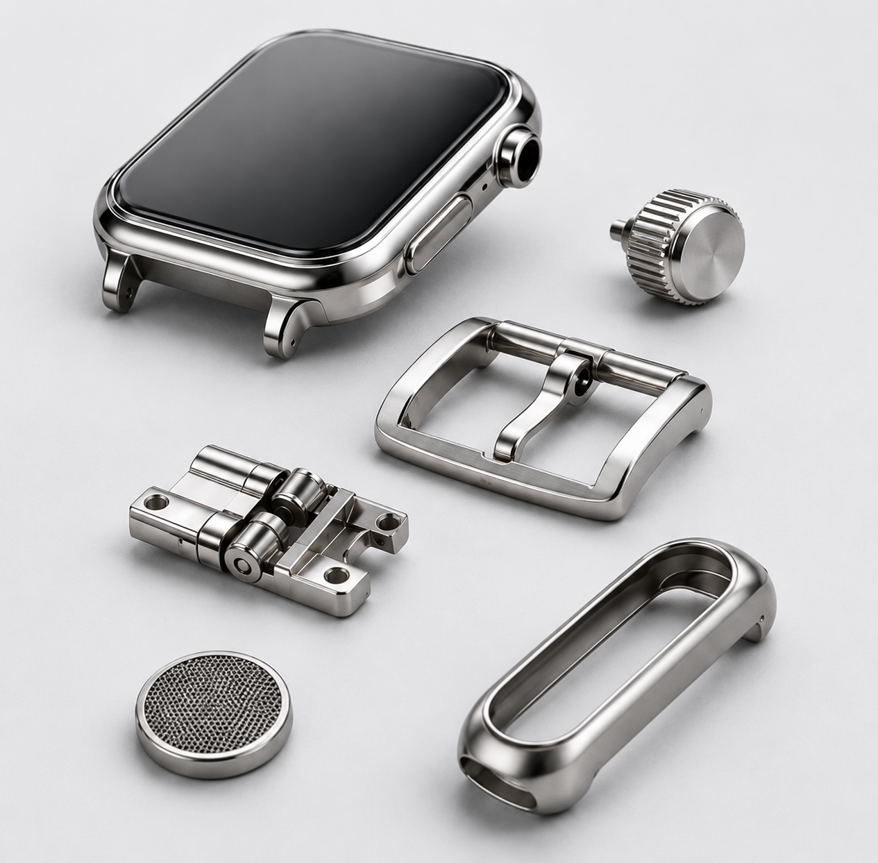 Amorphous alloy smartwatch case, buckle, hinge and precision components for premium wearable devices