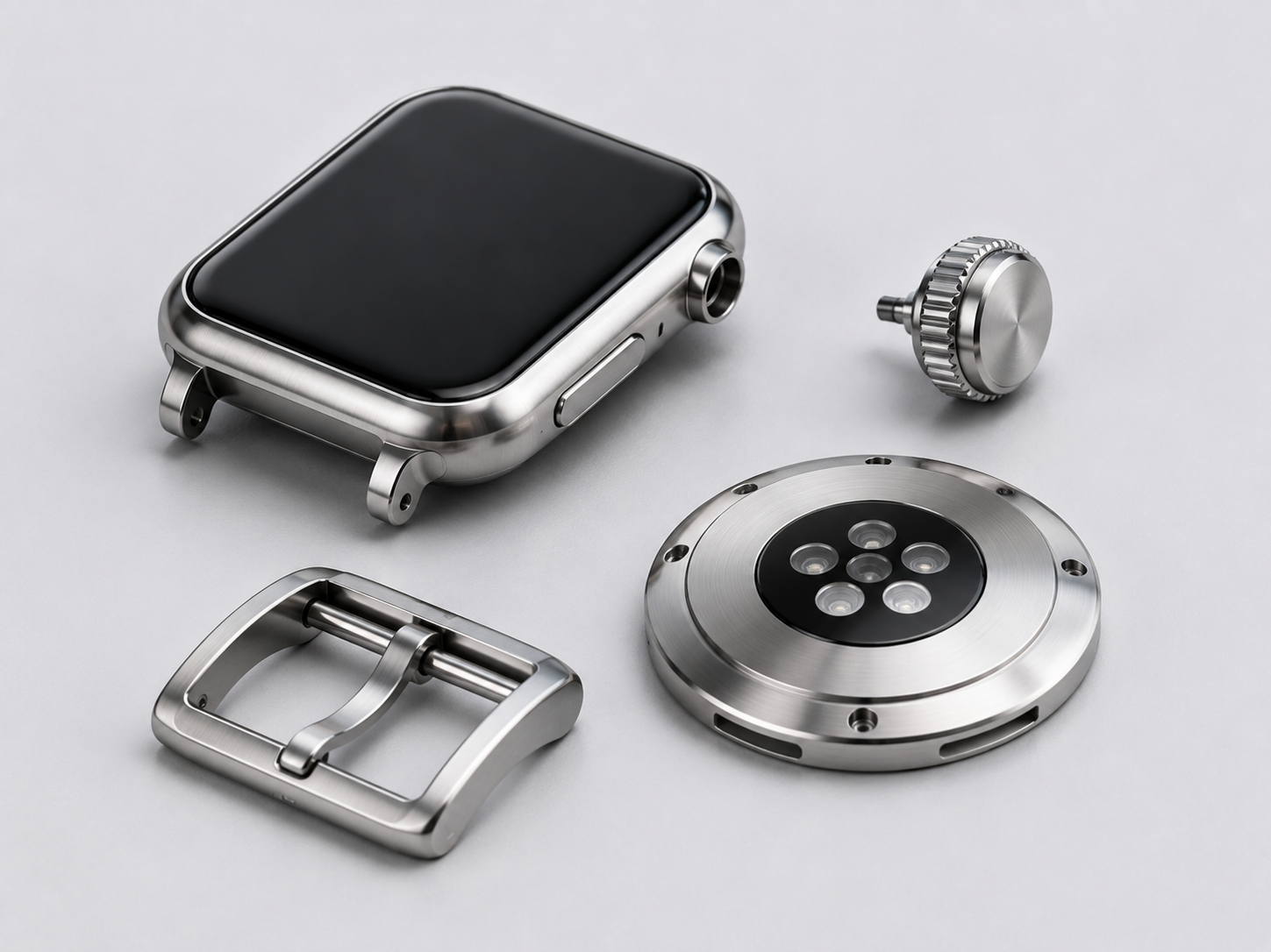 Precision machined amorphous alloy smartwatch components including watch case, crown, buckle and back cover