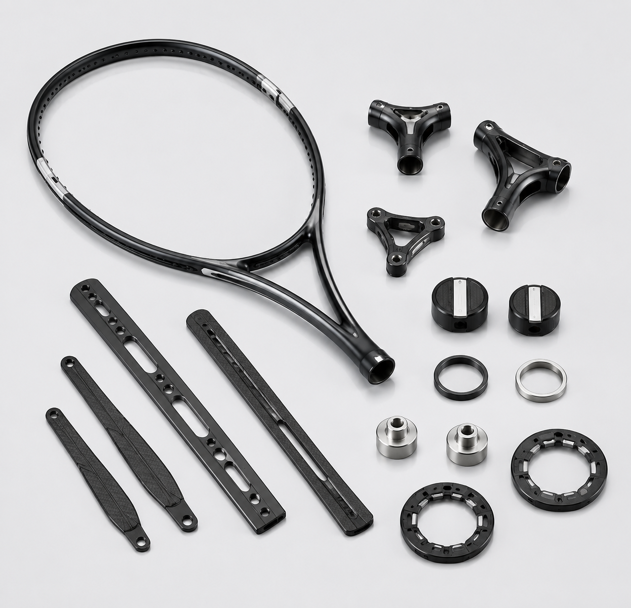 High-performance tennis, squash and badminton racket components including frame reinforcement parts, joint connectors and vibration damping modules made with amorphous alloy materials