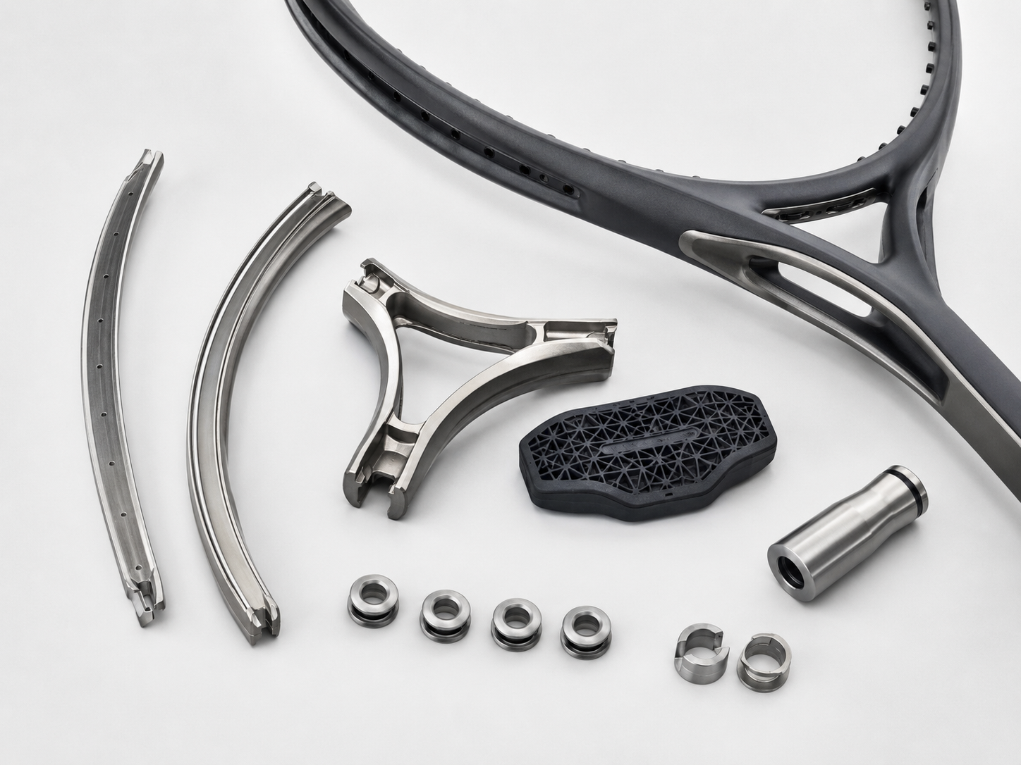 High-performance tennis racket components manufactured with amorphous alloys, featuring lightweight reinforcement parts and vibration-resistant structures