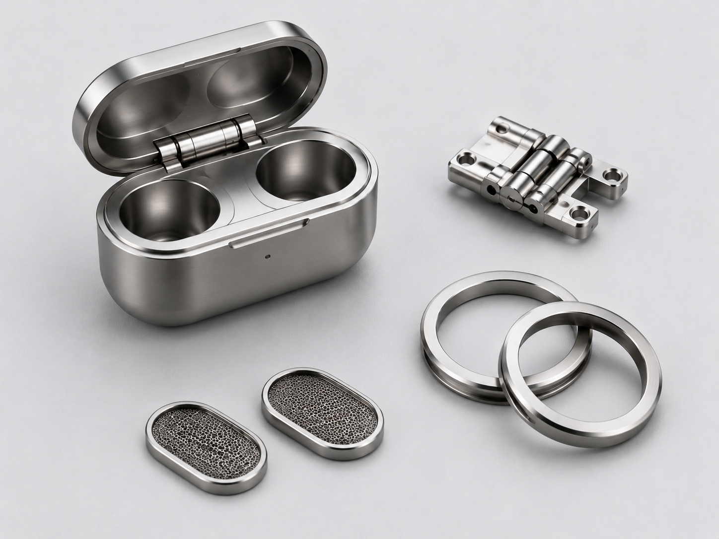Precision machined amorphous alloy TWS earphone components including charging case hinges, acoustic mesh covers and decorative rings