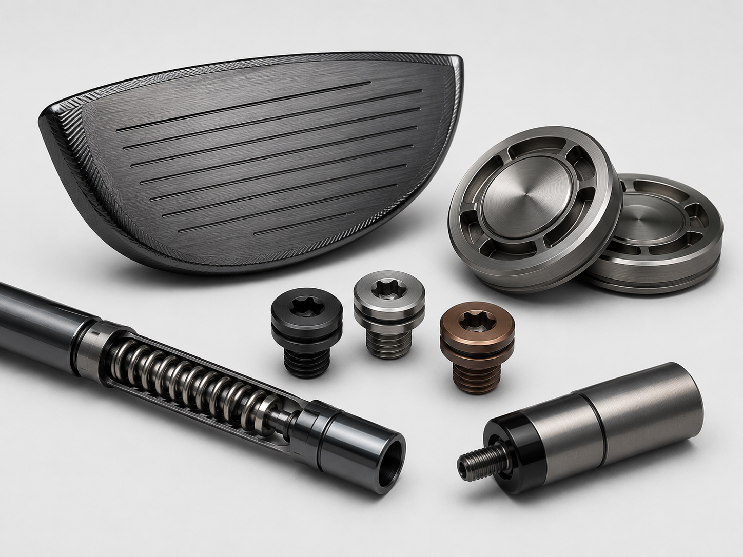 Precision golf club components made from amorphous alloys, including club faces, counterweights and structural inserts for improved rebound performance and durability