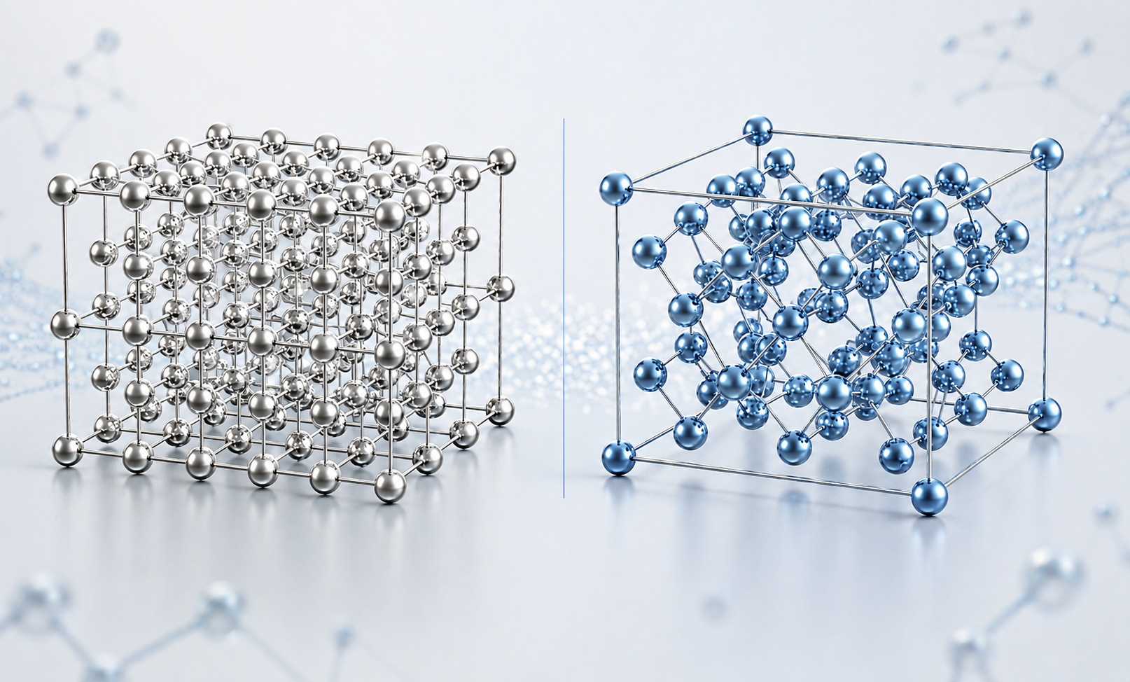 Comparison of ordered metal crystal structure and disordered atomic structure of amorphous alloy