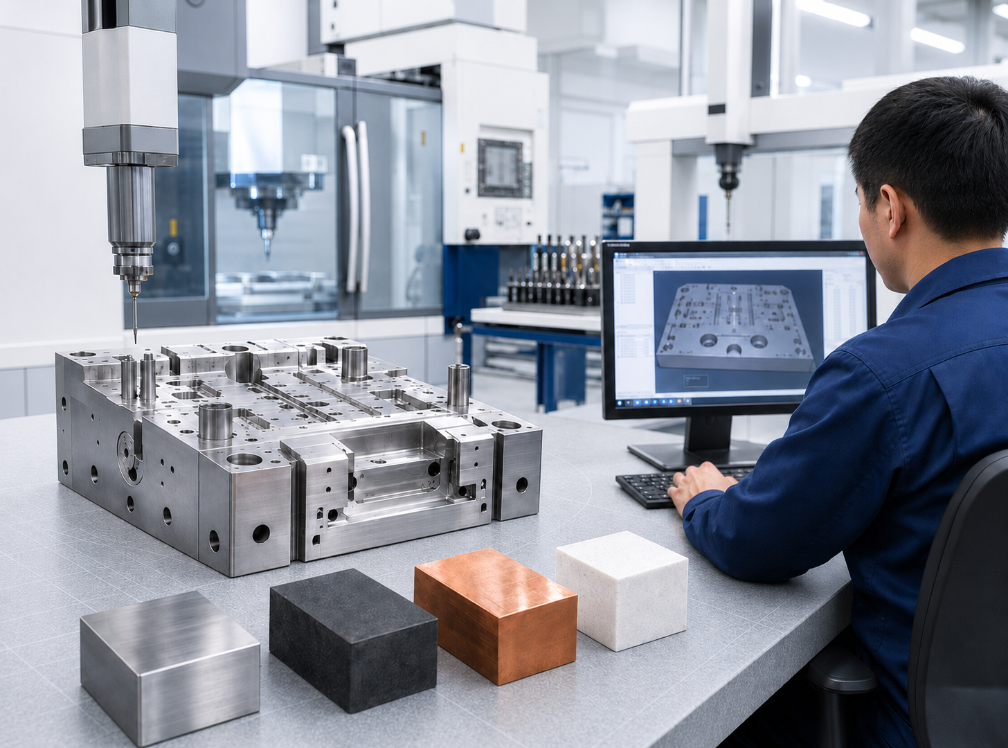 Engineer evaluating an amorphous alloy mold and mold material systems