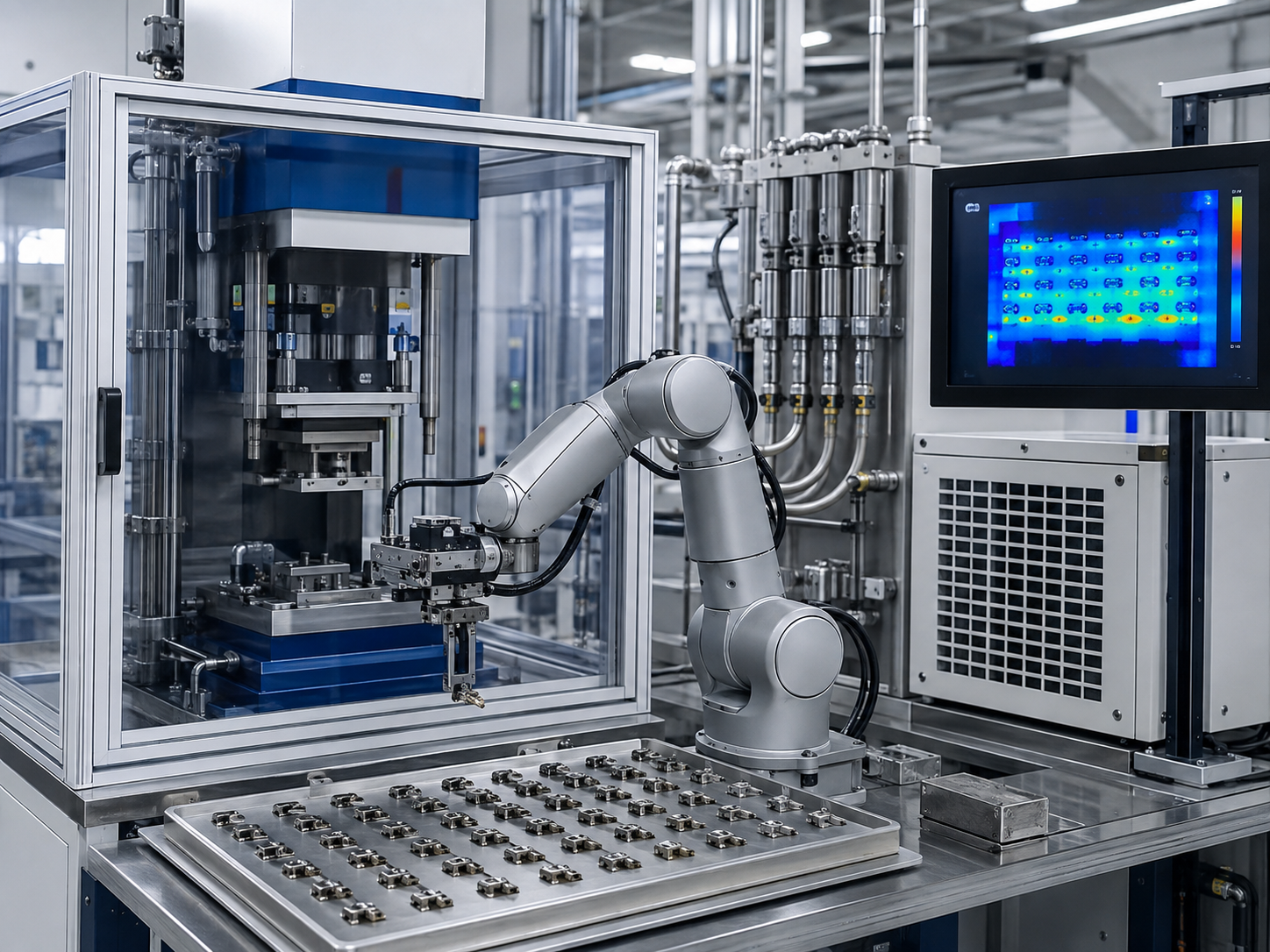 Automated production cell with controlled mold temperature monitoring