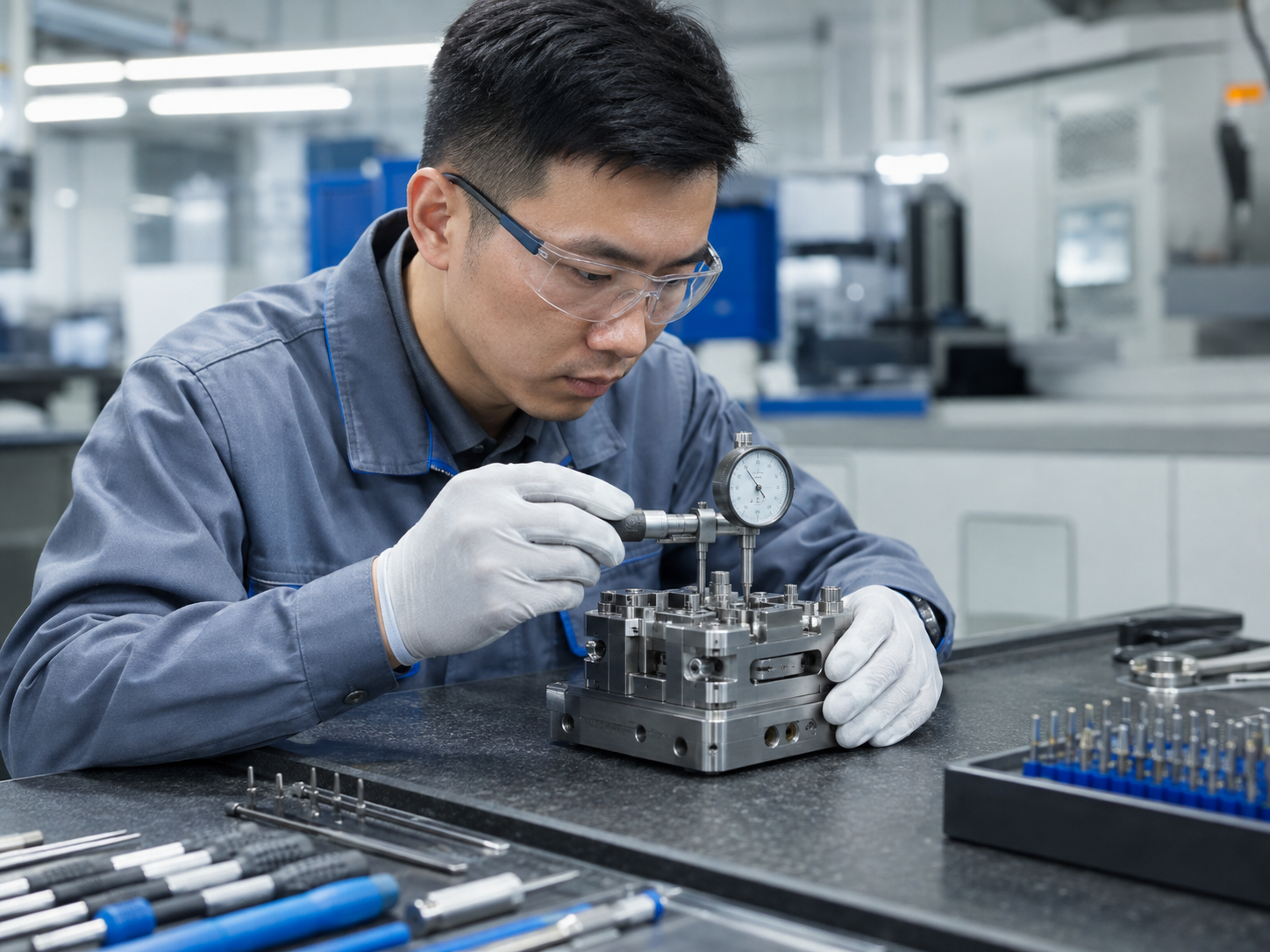 Chinese technician assembling and inspecting a precision mold